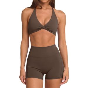 SUUKSESS Women 2 Piece Workout Sets Twist V Neck Sports Bra Yoga Gym Biker Short (Brown, S)