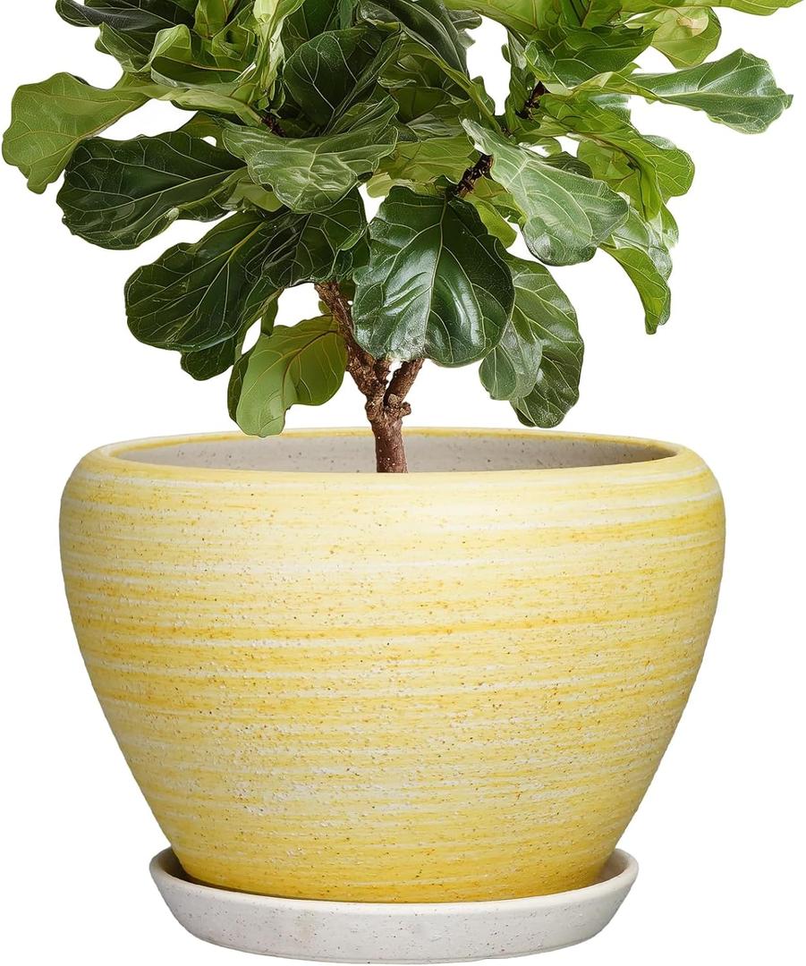 Ceramic Planter 10 Inch - Ceramic Pots for Plants Indoor Outdoor, Modern Plant Pots with Drainage Hole and Saucer, Round Decorative Planter, Bedroom Decor, Gardening Gifts, Textured Yellow