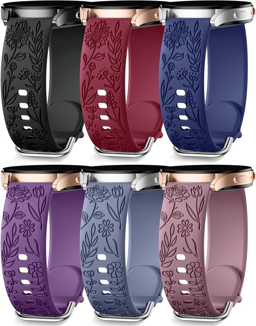 SNBLK Floral Engraved Bands Compatible with Samsung Galaxy Watch Band 7 6 5 4 Active 2 40mm 44mm/ 5 Pro/ Watch 3, 6 Pack 20mm Flower Soft Silicone Replacement Strap for Samsung Watch 7 Bands for Women