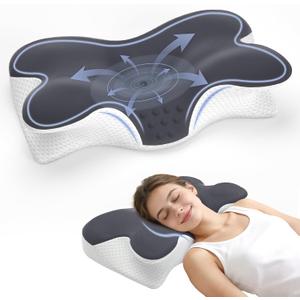 Cervical Neck Pillow for Pain Relief, Ergonomic Neck Pillow for Sleeping, Contour Orthopedic Side Sleeper Pillow for Back Stomach Sleepers Bed Pillow with Pillowcase (Dark Grey With White)