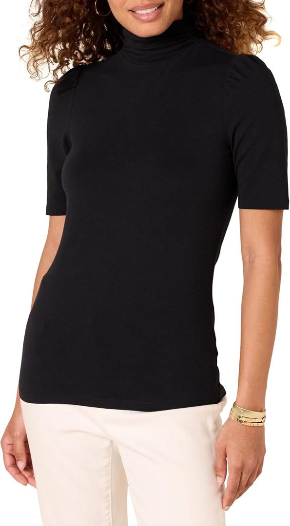 Amazon Essentials Women's Cotton Modal Draped Puff Sleeve Turtleneck (Large, Black)
