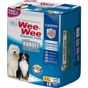 Four Paws Wee-Wee Superior Performance Pee Pads for Dogs with Runoff Barrier Edge Guard Protection, Puppy & Dog Potty Training Pads, Housebreaking Supplies, 27.5" x 44" (18 Count)