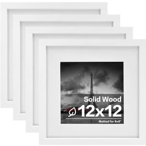 Egofine 12x12 Picture Frames White, Wood Frames with HD Plexiglass for Pictures 8x8 with Mat or 12x12 without Mat, Wall Mounting Display, Set of 4