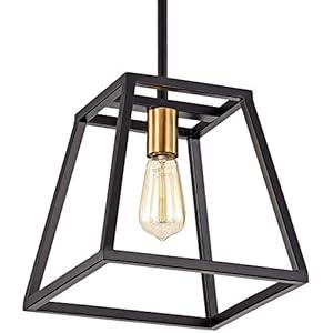 ACLand Industrial 1-Light Pendant Light Fixture Farmhouse Kitchen Island Ceiling Hanging Lighting with Metal Frame in Matte Black and Polished Brass Finish for Living & Bedroom, Corridor