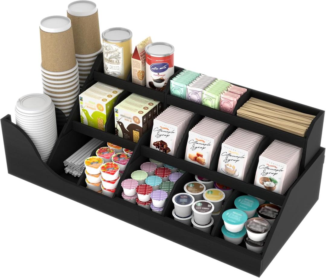 Suli Exact Large Coffee Station Organizer,Wooden Countertop Pods Holder with Drawer,Storage for Condiment Syrup Tea Cups,Rustic Bar Decor for Accessories Organizer (3 Tiers 18 Compartments)-Black