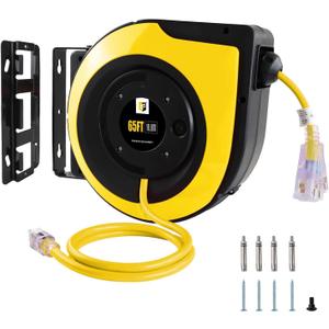 EP Retractable Extension Cord Reel,65 Feet 12 AWG/3C SJTOW Heavy Duty Power Cord,15 AMP Circuit Breaker, 3-Lighted Triple Outlets,Ceiling or Wall Mount Use Indoor, Yellow