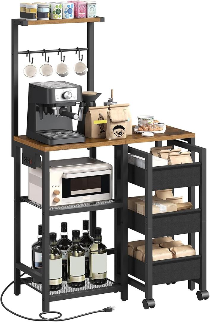 YATINEY Bakers Rack with Storage Cart, 5 Tier Coffee Bar with Power Outlet