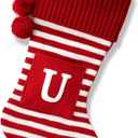 20 Inches Initial Christmas Stocking Monogram Striped Christmas Stocking red Green with White Embroidered Letter Christmas decorations-01-U-Red