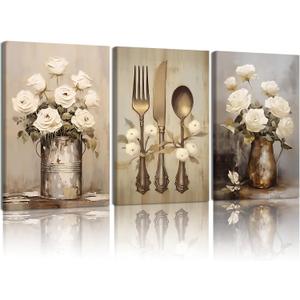 Doqueodas 3 pcs Vintage Floral Kitchen Canvas Framed Wall Art White Rose Still Life Print Image Farmhouse Chic Country Style Painting Poster Suitable for Kitchen and Dining Room Wall Decor 16x24 inch