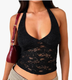 Women's Lace Halter Top Deep V Backless Festival Going Out Tank Tops, Small