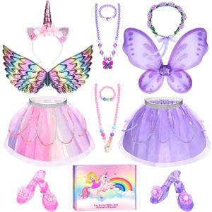 Unicorn & Flower Princess Dress Up Clothes Set for Girls - Tutu, Wings, Shoes, Jewelry, Headband & Play Toys Gift Set for Toddlers