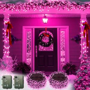 Pooqla Pink String Lights Battery Powered, 2 Pack Total 33 FT 100 LED Pink Valentines Day String Lights for Indoor Outdoor Decoration, Twinkle Fairy Light for Valentines Day Decorations