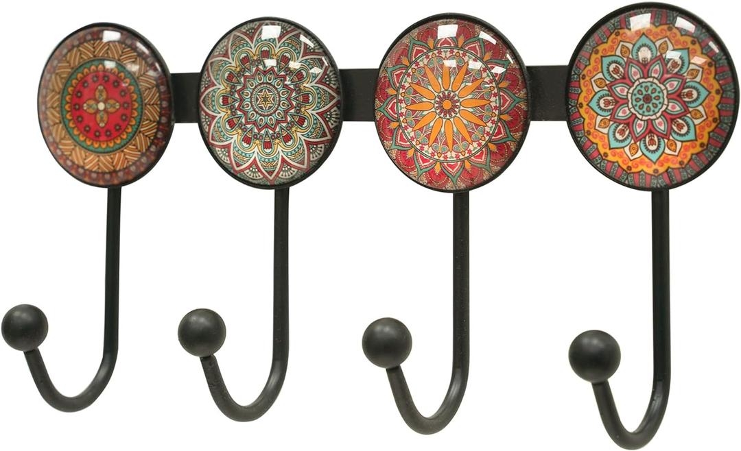 Coat Rack Wall Mounted with 4 Hooks, Round Brown Pattern Decorative Wall Hooks for Hanging Hat, Key, Towel, Purse, Bag and Robe, for Entryway Bathroom Organizer Hanger