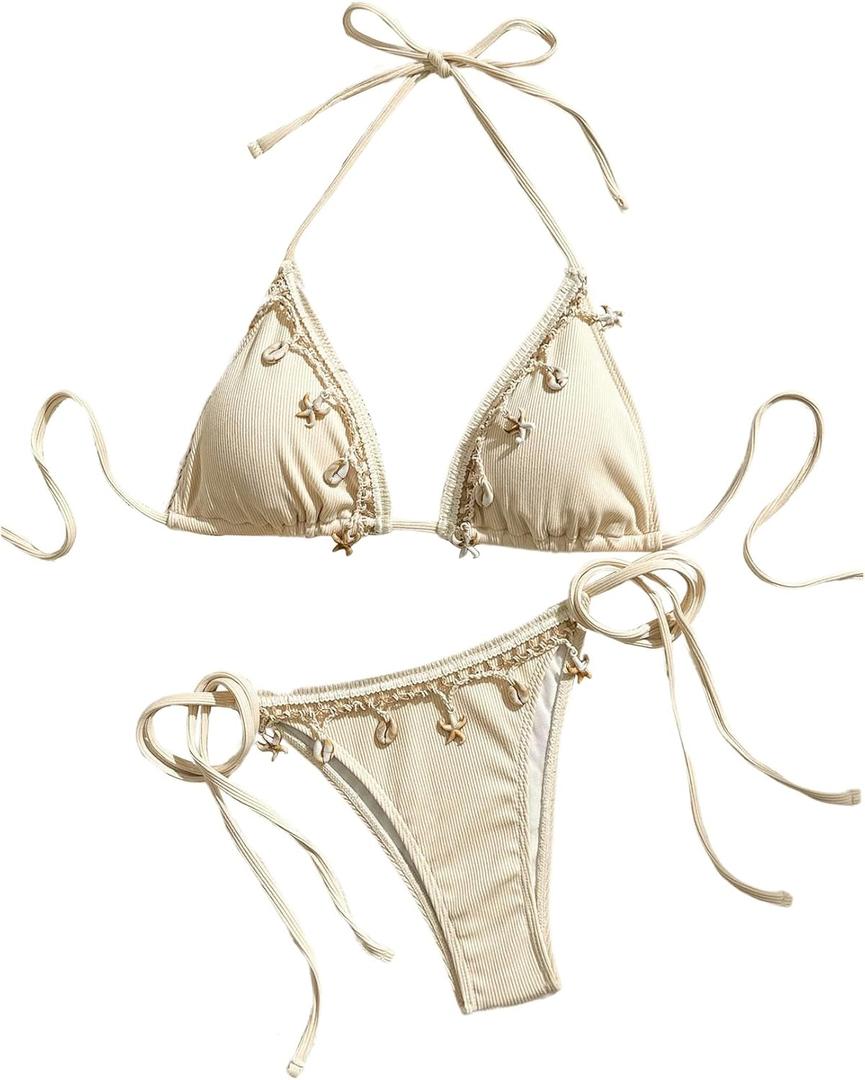 Verdusa Women's Sexy Halter Triangle Tie Side Bikini Set Ribbed Swimsuits 2 Piece Bathing Suit (Large, Beige) Verdusa Women's Sexy Halter Triangle Tie Side Bikini Set Ribbed Swimsuits 2 Piece Bathing Suit (Large, Beige)
