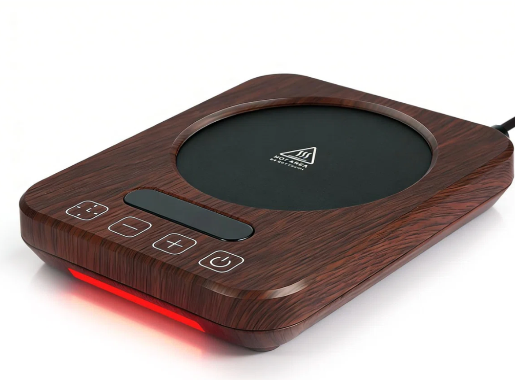 Coffee Mug Warmer with Temperature Control, 36W Electric Mug Heater, 120–180°F Adjustable Desk Cup Warmer with Timer & Auto Shut-Off, Ambient Light, Walnut Wood-Grain Finish, Gift for Home & Office