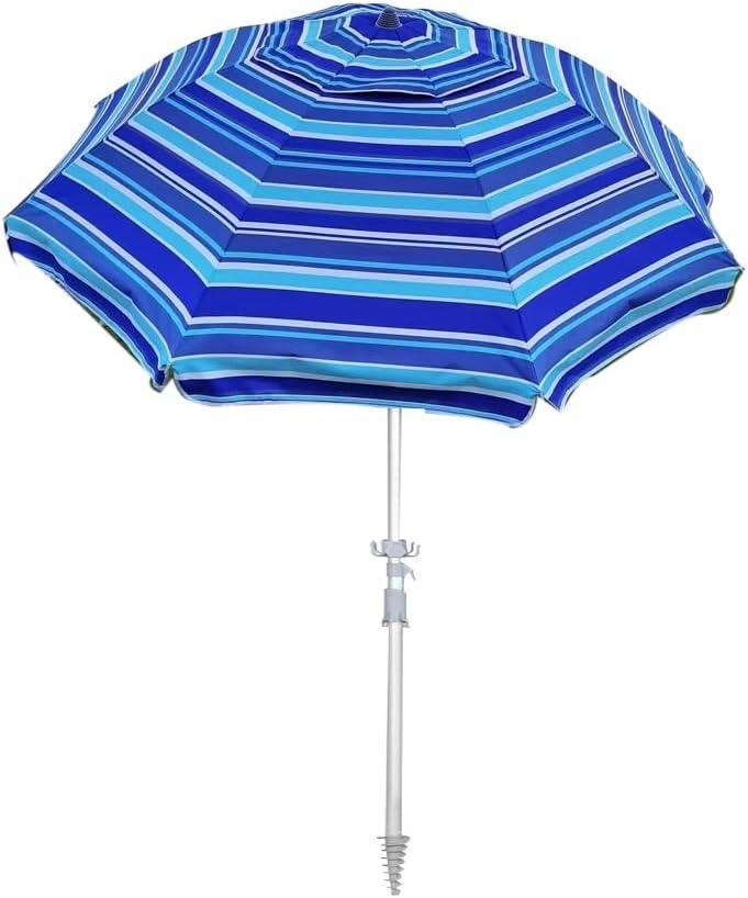 7FT Striped Beach Umbrella, Aluminum Alloy Pole, Polyester Silver Gel Umbrella, Outdoor Wind and Sun Shade Umbrella,UV Personal Sun Umbrella(Green (Without Silver Gel))
