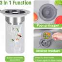 Huntonry 3 in 1 Kitchen Sink Drain Strainer and Stopper Combo, 304 Stainless Steel Pop Up Sink Drain Strainer with Handle Rod for US Standard 3-1/2 inch Drain, Anti-Clog with Big Basket