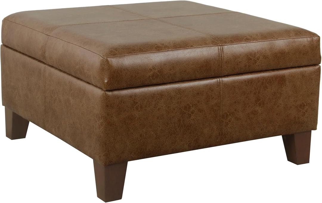 Homepop Home Decor | K2380-YDQY-2 | Luxury Large Faux Leather Square Storage Ottoman | Ottoman with Storage for Living Room & Bedroom, Brown (Light Brown)