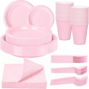 WELLIFE 210 PCS Pink Plastic Plates for 30 Guests - Disposable Dinnerware Set Including Dinner Plates, Dessert Plates, 12oz Cups, Cutlery & Napkins, Pink Party Plates