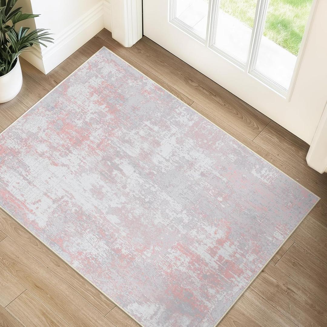 Washable Area Rugs 2'x3' Non-Slip Modern Abstract Soft for Living Room Entryway Bedroom Nursery, Print Pattern, Grey Pink