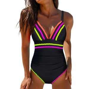 popvil Women's One Piece Swimsuit Tummy Control Bathing Suit V Neck Ribbon Ruched Swim Suits Slimming Black Swimwear, Size S 