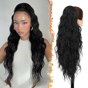 BARSDAR Black Ponytail Extensions - Drawstring Ponytails for Women 26 Inch Long Wavy Pony Tails Hair Extensions, Synthetic Clip in Pony Tails Hairpieces Fake Ponytails - Black