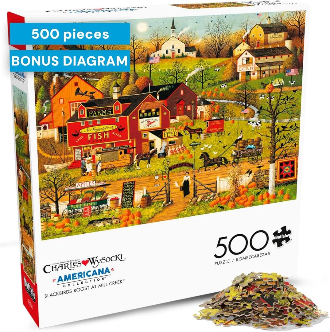 Buffalo Games - Blackbirds Roost at Mill Creek - Charles Wysocki - 500 Piece Autumn Jigsaw Puzzle for Adults - Fall Harvest Americana Scene - Cozy Puzzle for Game Nights