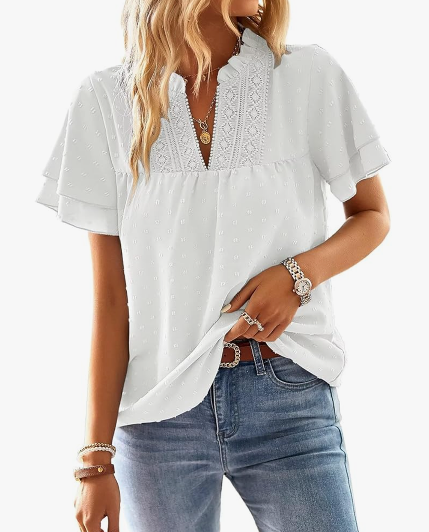 Womens Tops Butterfly Sleeve V Neck Blouses for Women Dressy Casual Flowy Swiss Dot Ruffle Short Sleeve Shirts, S