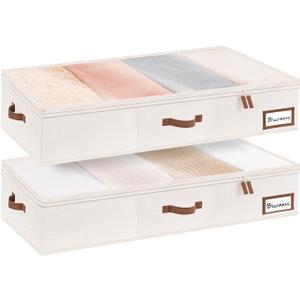 StorageWorks Extra Large Under Bed Storage Containers with Handles and Label Holder, 2 Pack Ultra-thick Fabric Underbed Bins, Closet Organizer for Clothes, Blankets, Sweater (Beige)
