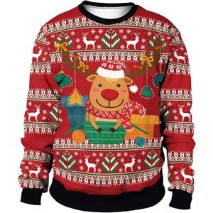 Colorful House Unisex's Ugly Christmas Jumper Sweater Printed Pullover,3D Funny Digital Print Sweatshirt Suit for Men Woman (Cute Reindeer Red)