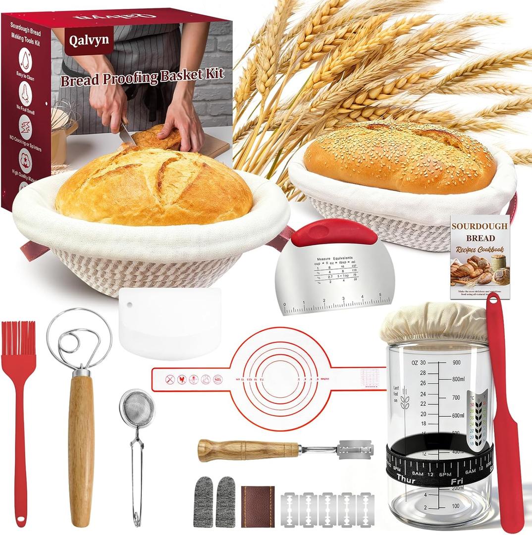 Sourdough Bread Baking Supplies, Sourdough Starter Kit with Cotton Rope Oval & Round Bread Proofing Basket and Sourdough Starter Jar, Artisan Bread Making Kit Ideal Gift for Bakers, Women Wife Mom (Red)