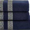 Luxury 3 Piece Greek Key Towel Set - 1 Bath Towels, 2 Hand Towels, 100% Cotton Highly Absorbent Embroidered Bath Towel Set, Navy Blue Towel Set GR0103