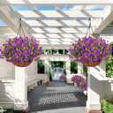 Yastouay Artificial Hanging Flowers for Outdoors, Fake Hanging Plants with Baskets, UV Resistant Hanging Flowers Fake Flowers for Outdoors Porch Patio Garden Spring Summer Decor(Purple) (10 Bundles)