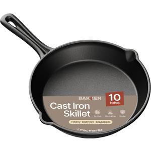 Bakken 10" Cast Iron Skillets, Pre-Seasoned Frying Pan with Even Heat Retention Cooking, Versatile for Stove, Oven, Grill & Campfire, Easy-Grip Handles, Hand Wash Only, 4.41 lbs
