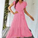 PRETTYGARDEN Women's Summer Floral Boho Dress Wrap V Neck Short Sleeve Ruffle A-Line Flowy Maxi Wedding Guest Dresses (Solid Rose Pink,Medium)
