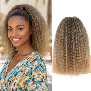 Drawstring Ponytail for Women 16inch Wavy Kinky Straight Ponytail Extension Synthetic Fake Hair Wave Yaki Straight Pony Tail Hairpiece for Daily Use(1BT27, Mix Black and Golden)