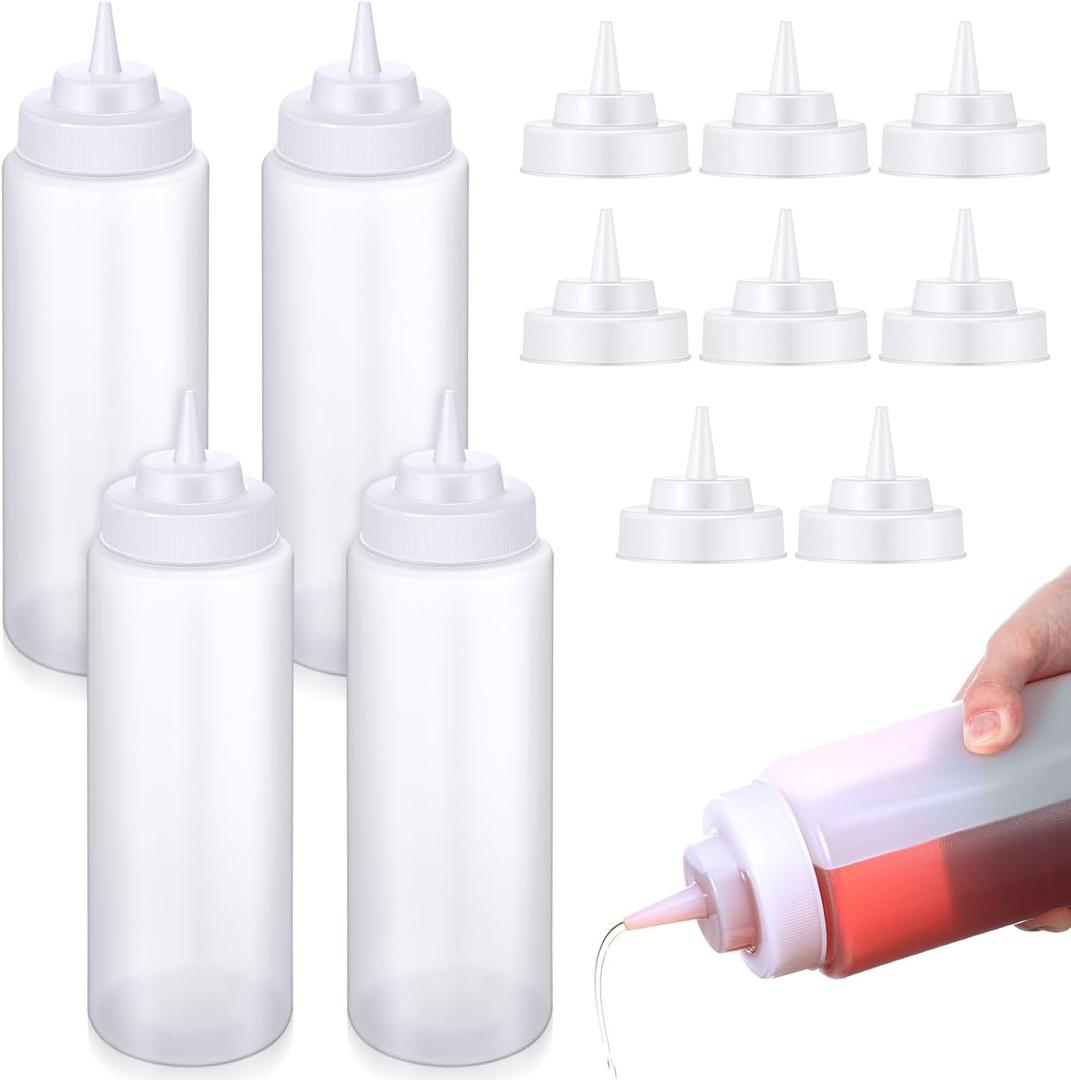 16 Pcs 32 oz Condiment Squeeze Bottle Set: 4 Bottles Body with 12 Replacement Caps, Large Clear Plastic Wide-mouth Bottles for Sauces Ketchup Condiments Kitchen Restaurant Catering