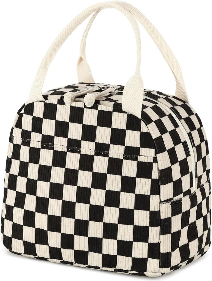 Bluboon Lunch Bag for Women Men Cute Corduroy Lunch Tote Bags Reusable Insulated Lunch Box Large Capacity Reusable Insulated Cooler for Work Picnic or Travel (Corduroy Black White checkered)