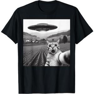 Cat Selfie with Alien UFO Funny Cat Gifts for Men Women Kid T-Shirt, Size M