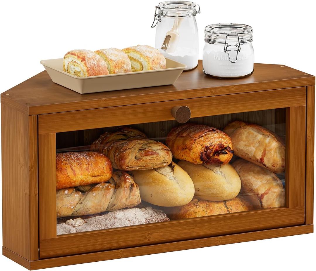 WOWLIVE Corner Bread Box for Kitchen Countertop, Large Bamboo Bread Storage Container for Homemade Bread, Farmhouse Bread Holder with Window, Multi-functional Container, Caramel