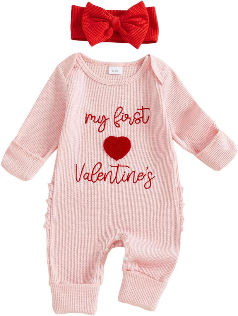 My First St Patricks Day Baby Girl Outfit Newborn Onesie Long Sleeve Romper Waffle Jumpsuit Clothes With Headband (Valentines Pink, Newborn)
