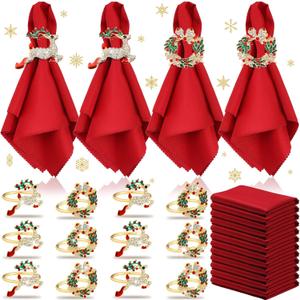 Sliner 24 Pcs Christmas Napkins and Ring Set 12 Pcs Red Washable Christmas Napkins Cloth and 12 Pcs Xmas Napkin Rings Holder for Holiday Dinner Party(Metal, Elk, Bell)
