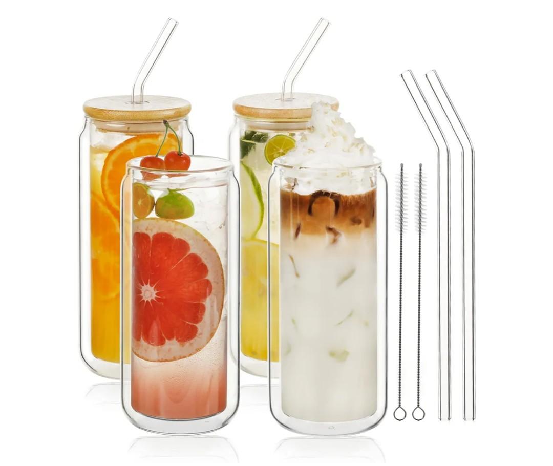 LIBWYS 16oz Double Wall Drinking Glass Cups with Bamboo Lids and Straws, 4 Pc Set – Condensation Resistant Insulated Glass Can Tumblers for Cold Drinks, Iced Coffee, Tea, Juice, Cleaning Brush