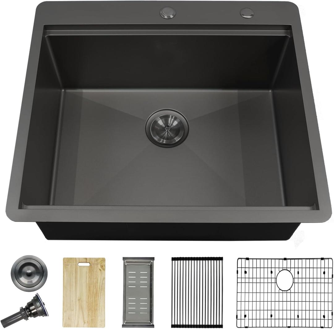25 Inch Fine Grain Embossed Designed Gunmetal Black Topmount Kitchen Sink, 18/8 Stainless Steel Single Bowl Kitchen Sinks with Deep Basin, Drop in Kitchen Sink Set with Premium Accessories Included