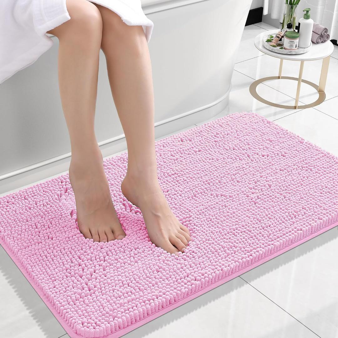 OLANLY Small Bathroom Rugs 24x16, Extra Soft Absorbent Chenille Bath Rugs, Rubber Backing Quick Dry, Machine Washable Bath Mats for Bathroom Floor, Tub and Shower, Home Decor Accessories, Pink