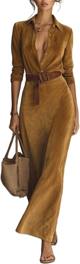 Western Shirt Dress for Women Long Sleeve Loose Corduroy Mini Dresses Casual Button Up Belt Classic Trendy Basics Pullover (Small, 7-light Brown)