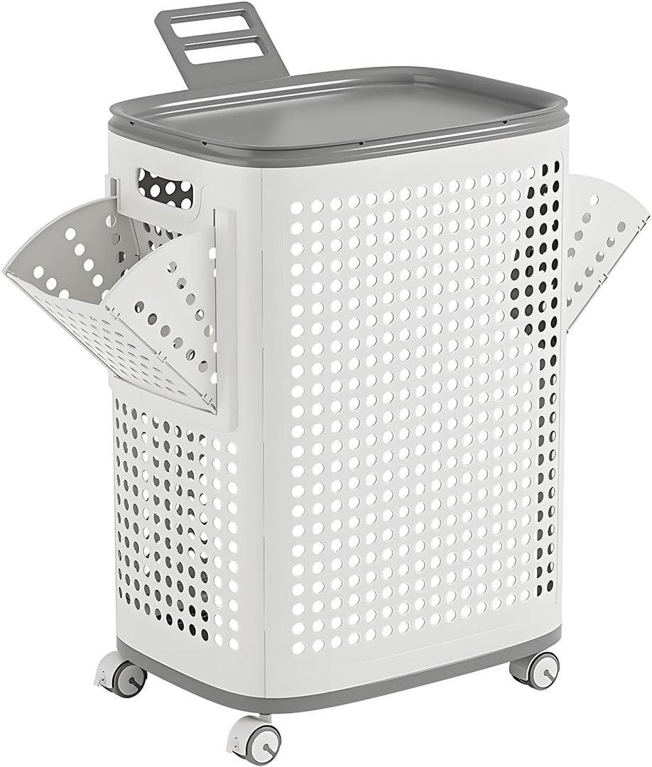 WESAPPINC Rolling Laundry Hamper with Lid, 70L Perforated Plastic Basket with Wheels, Storage Bin with Handle, White (LARGE 70L)