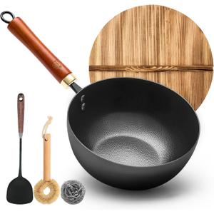 WANGYUANJI Carbon Steel Wok with Lid, 8.7" Small Mini Wok Pan, Thickened Heavy Duty Flat Bottom for Deep Frying, Camping & Solo Meals, Induction Ready, Seasoning Required, Traditional Pow Skillet