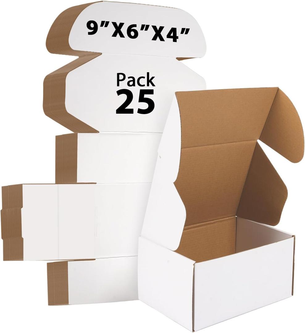 9x6x4 inches Shipping Boxes Set of 25, Small Corrugated Cardboard Box, Literature Mailer, Gift Boxes (White, 9x6x4)