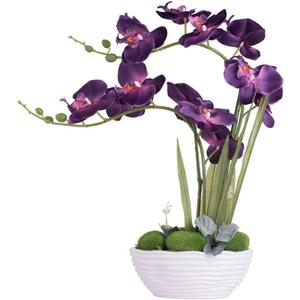 Large Artificial Potted Orchid Plant, Silk Flower Arrangement with Ceramics Vase, Dark Purple